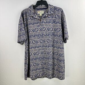 Crazy Shirts Hawaiian Polo Shirt Mens Large‎ Gray Blue Short Sleeve Waves Tribal